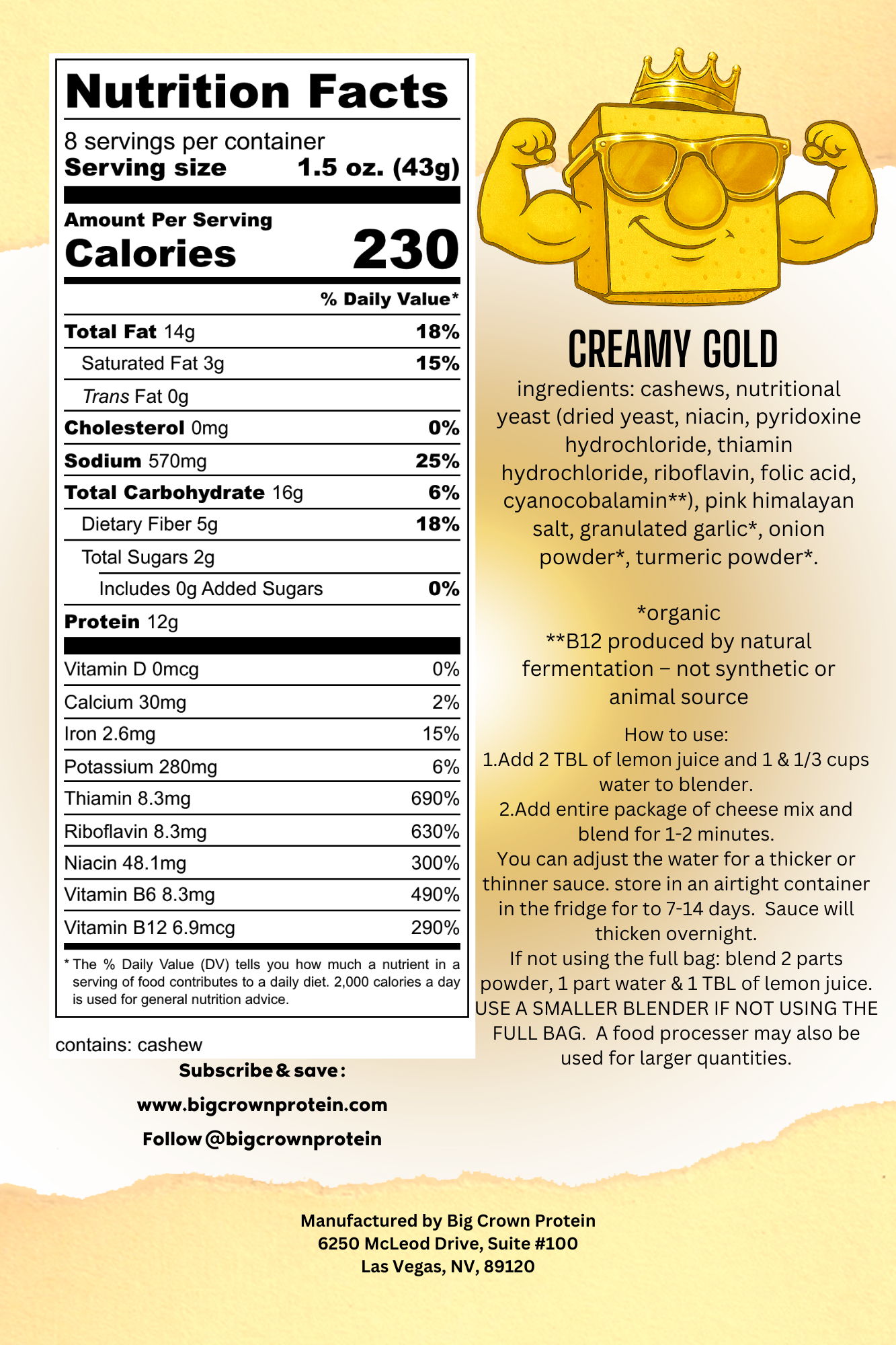 Creamy Gold - Plant Based Cheese Sauce Mix - Just Add, Water, Lemon, and Blend!