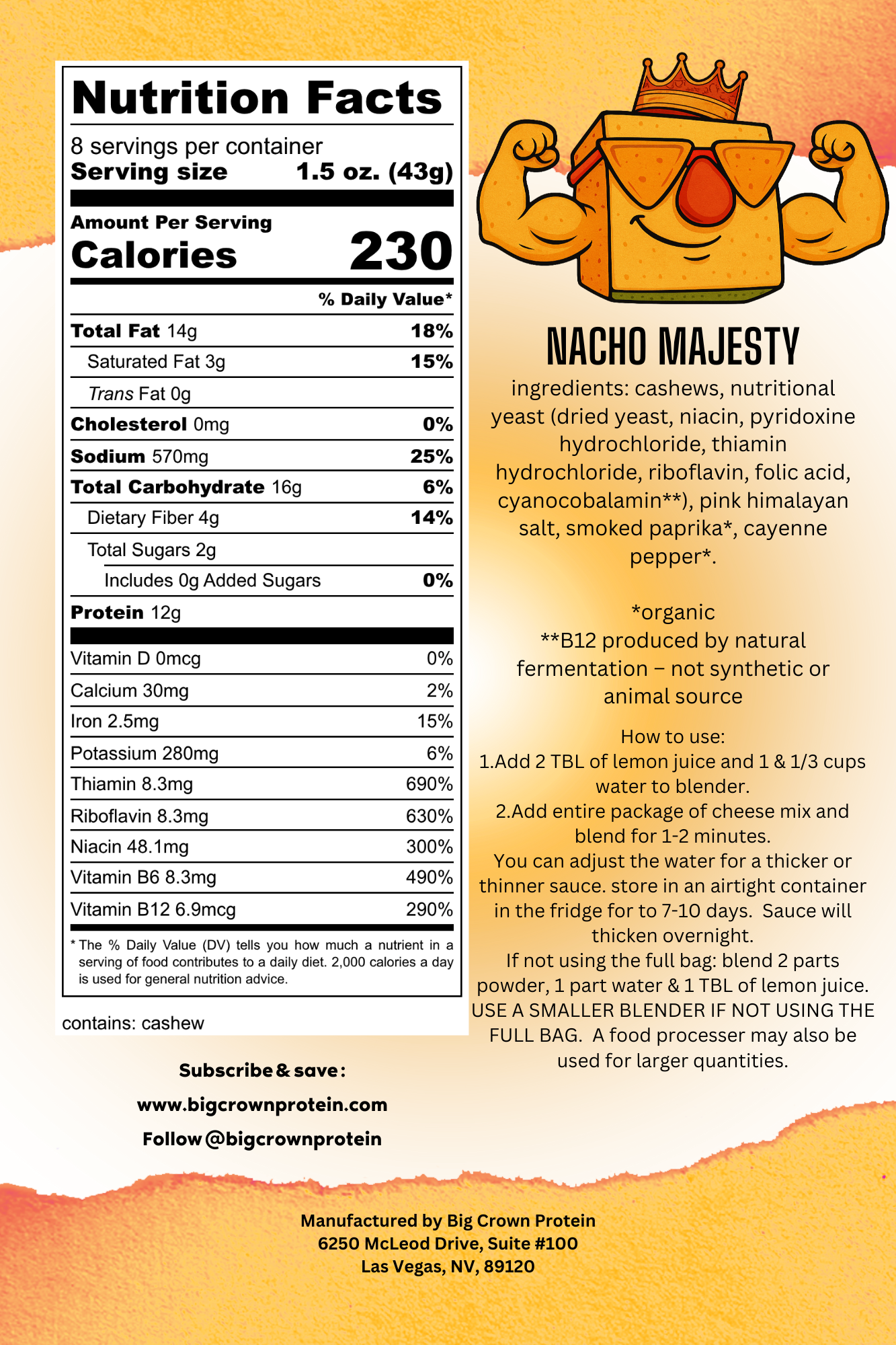 Nacho Majesty - Plant Based Cheese Sauce Mix - Just Add, Water, Lemon, and Blend!