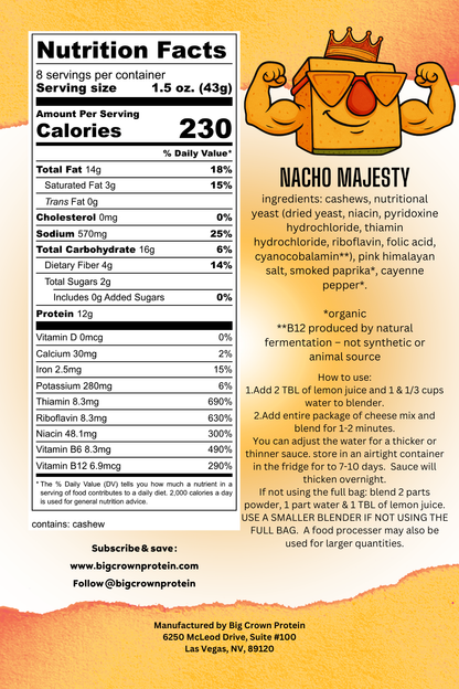 Nacho Majesty - Vegan Protein Cheese Sauce Mix - Just Add, Water, Lemon, and Blend!